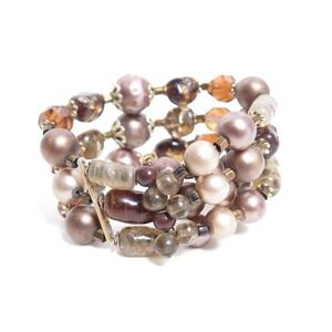Vintage Art Glass Beaded Wrap Memory Wire Bracelet*Shades of Brown Pearl Crystal